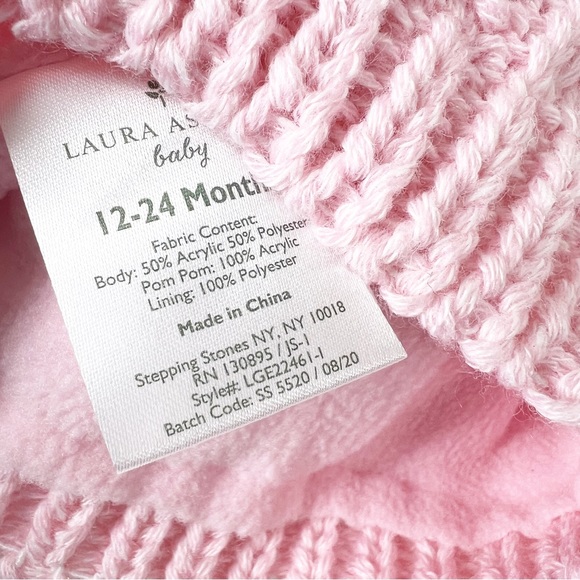 LAURA ASHLEY NWT baby PINK cable knit POM POM hat & mittens SET 12-24‎ Months - Picture 5 of 5
